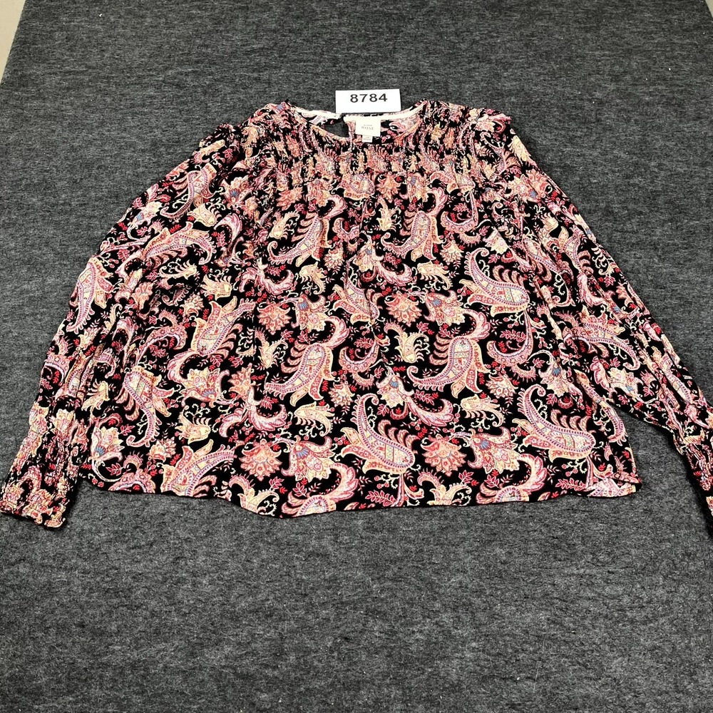Knox Rose Blouse Top Womens 2X Black Multicolor Paisley Rayon Smocked Round Neck